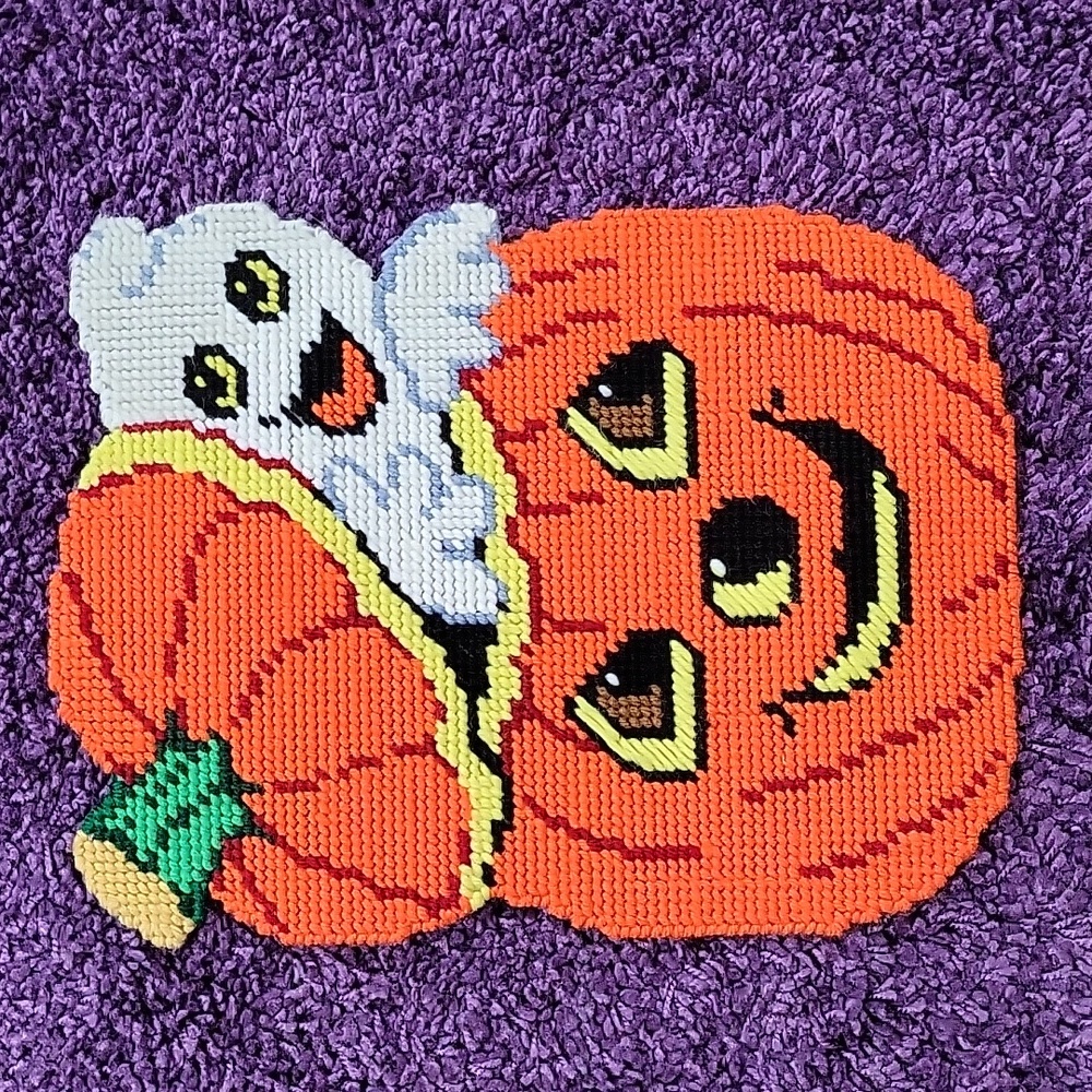 Vintage Halloween cross stitch decor Ghost Inside Pumpkin